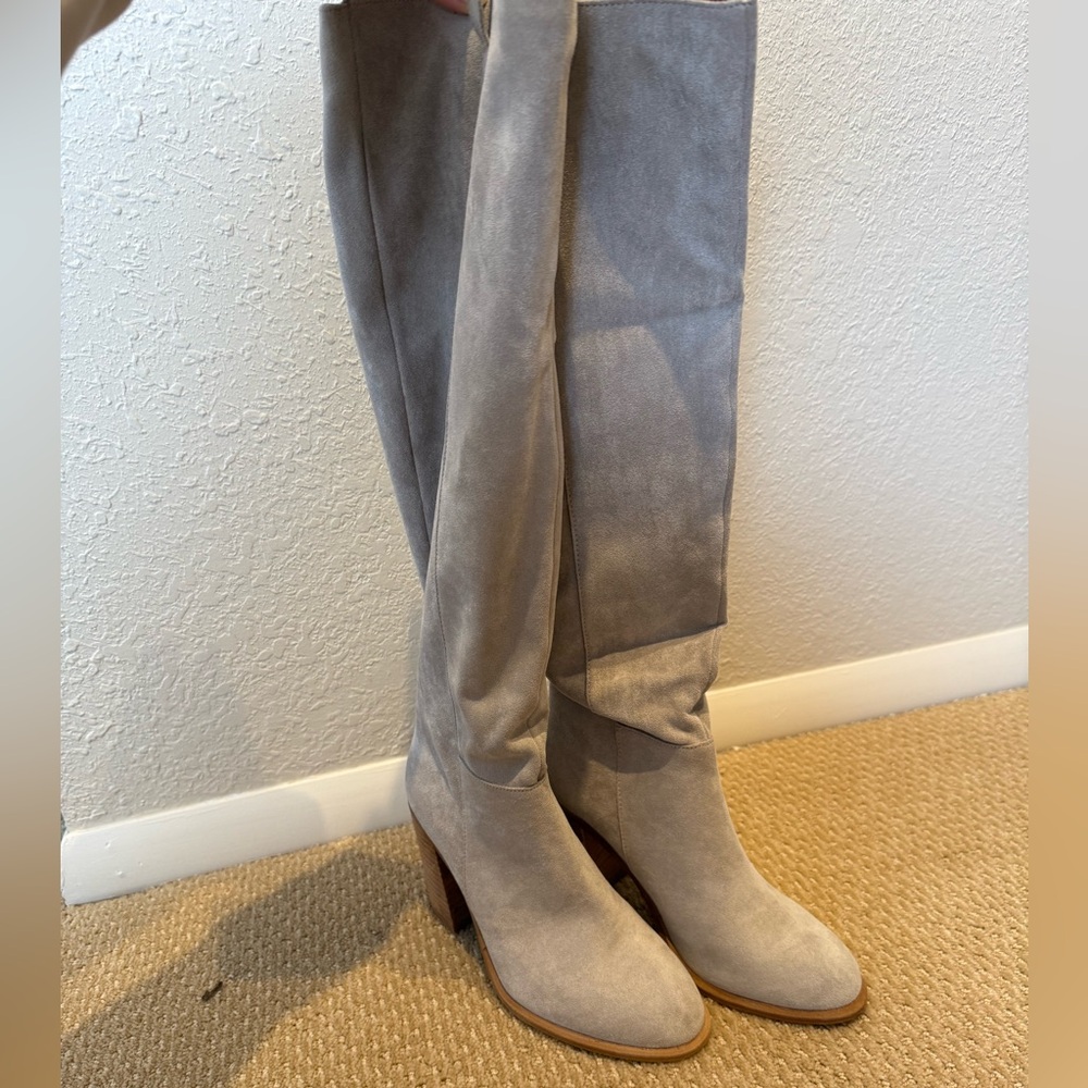 Beige Suede Knee-High Boots